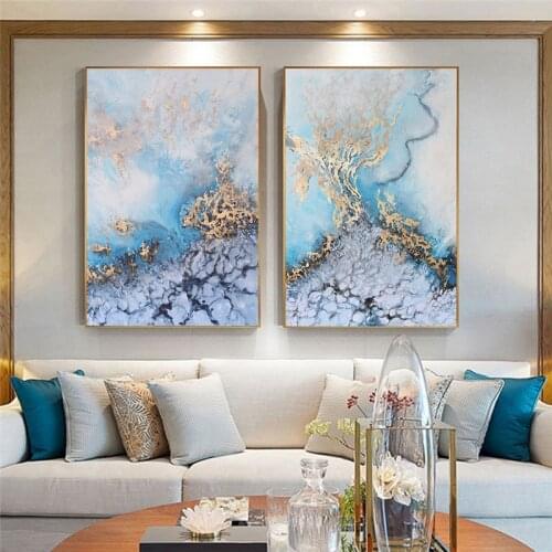 Morden Abstract Marble Texture Wall Art Poster Print Nordic Blue Golden Canvas Painting Scandinavian Living Room Home Decor