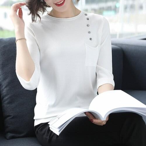 Womens New Summer T-shirt Loose Solid Color Round Collar Knitted Top Female Three-quarter Sleeves Button Casual T-shirts H9330