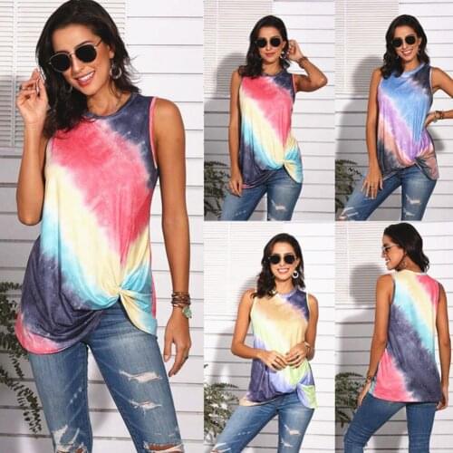 Plus Size S-2XL Ladies Shirt Women Summer Casual Blouse T-shirt O Neck Sleeveless Gradient Color Print Hem Knot vest shirt