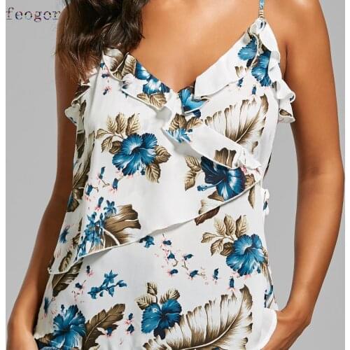 FEOGOR summer casual womens clothing 2021 summer new casual womens floral chiffon shirt ruffled V-neck camisole top FEOGOR
