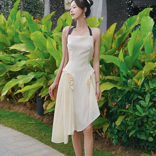 Women Summer Dresses Clothes Irregular Suspender Lace-up Long Sexy Hollow Out Waist Beach Ruffles Femme Dress