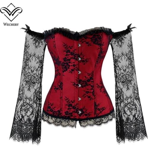 Wechery Women Steampunk Corset Sexy Long Sleeve Lace Corselet Lace Up Bustiers Korset For Posture Party Club Wedding Plus Size