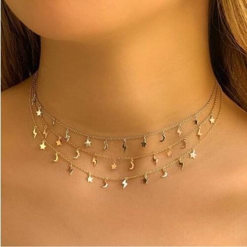 100% 925 Sterling Silver Minimal Tiny Shiny Moon Star Lightning Charms Pendant Necklaces Lovely Cute Girl Women Choker Jewelry