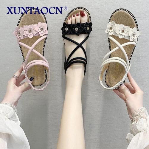 2021 Summer Ladies Pink Suede Rhinestone Flower Elastic Band Platform Sandals Womens Ankle Strap Peep Toe Flat Shoes Size 35-39