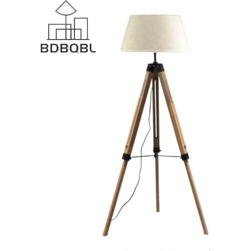 BDBQBL 3 Foot Frame LED Floor Lamp Fabric Lampshade E27 Wood Nordic Rustic Floor Lighting Vintage Foyer/Home/Living Floor Lamp