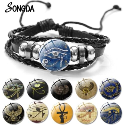 Ancient Egypt Gods Eye of Horus Black Leather Bracelet Homme Amulet Symbol Vintage Bangle Womens Jewelry Couples Matching Gifts