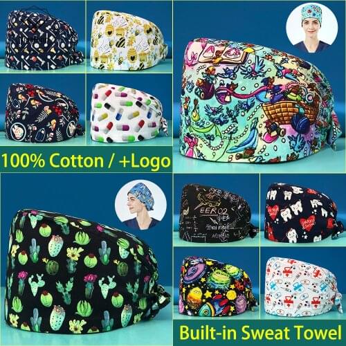 Tooth Print Breathable Sweat-absorbent Medical Hat Pet Clinic Scrub Hat Cotton Anesthesiologist Work Cap Female Nursing Work Cap