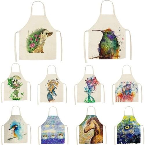 1Pcs Kitchen Apron Colorful cartoon animals Printed Sleeveless Cotton Linen Aprons for Men Women Home Cleaning Tools 55*68cm