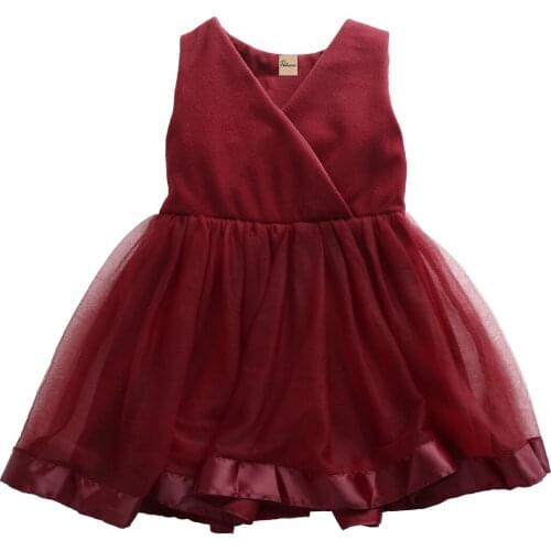 Hi Hi Baby Store Baby Girls Solid Party Lace Bownot Sleeveless Cotton Dresses 2-7Y
