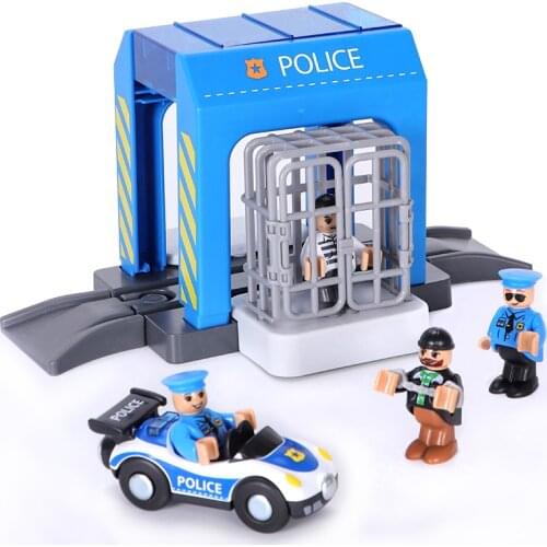 Toy Police Station Rail Car Set Train Track Toy Police Catch Thief Building Block Truck Set Child Toys Compatible Wooden track