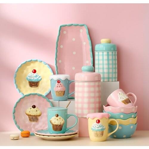 Creative hand-painted ceramic bowl plate candy plate girl cute Cup household cake tray salad dessert bowl oat Cup