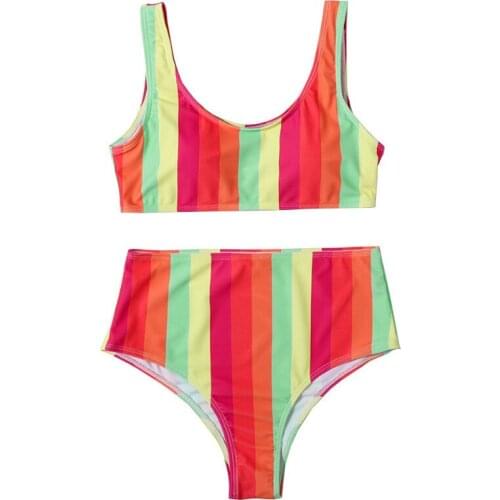 Quanss Rainbow Striped Sexy High Waist Bikini 2021 New Womens Swimwear Femael Bandeau Bikini Set Beach Swimming Bathing Suit
