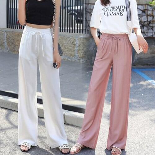 2021 Summer White Wide Leg Pants Women Trousers Streetwear High Elastic Waist Loose Casual Thin Plus Size 3xl Blue Clothing