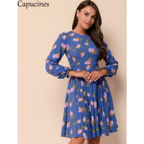 Capucines New Arrival Elegant Printed Dress Autumn Long Sleeve O Neck A Line Slim Mini Dresses For Women 2021 Fashion Vestidos