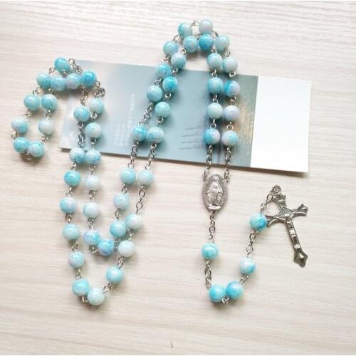 QIGO Blue Glass Rosary Necklace Long Cross Pendant Women Men Religious Prayer Jewelry