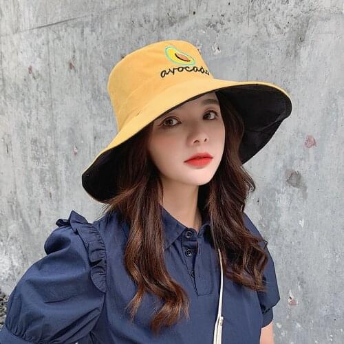 Spring Summer Women Hat Avocado Embroidery Bucket Hat For Women Travel Sun Hat Korea Style Reversible Wearing Fisherman Hat