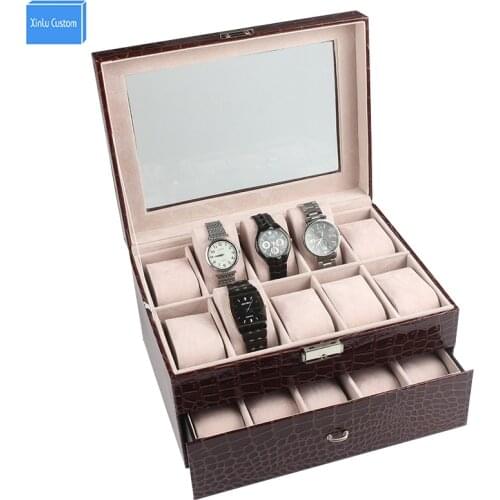 Luxury Case for Brand Watches/Jewelry Display/Storage Time Leather Velvet Window Lock 2 Layer 20 Slots Box Hour Wholesale/Retail