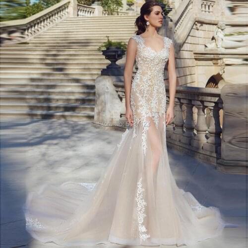 Champagne Mermaid Wedding Dresses Sweetheart Sleeveless Lace Appliques Lace Up Bridal Wedding Gown Vestido De Noiva Court Train