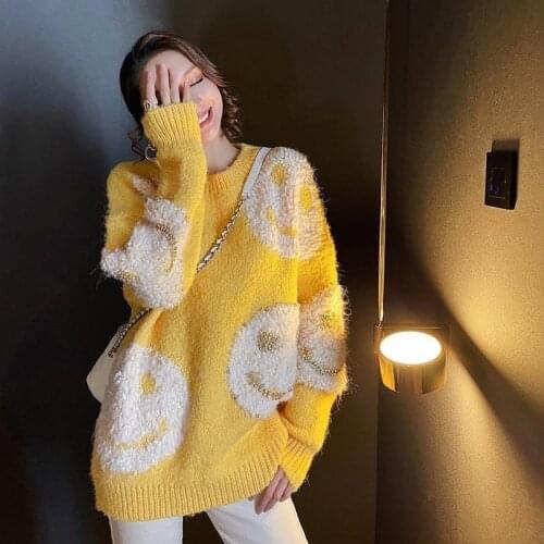 IHOBBY Yellow Color Big Smile Face Women Thicken Sweater Korean Fashion Gold Heavy Work Pearl Decoration Knitwear