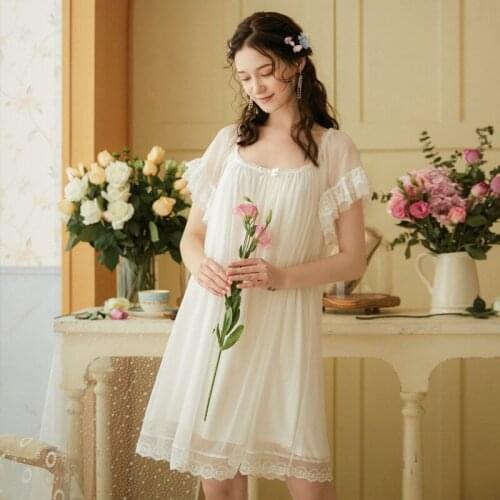 Women Homewear White Sexy Sleepwear Night Dress Lace Bow Cotton Nightwear Nightgown Sleepwear Luxury Female