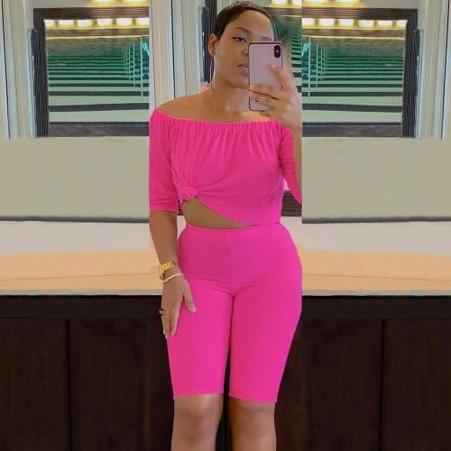 Women Off Shoulder Bandage 2 Piece Sport Suit Fashion Slash Neck Half Sleeve Crop Top and Knee Length Pant Sweet Co-ord Sets