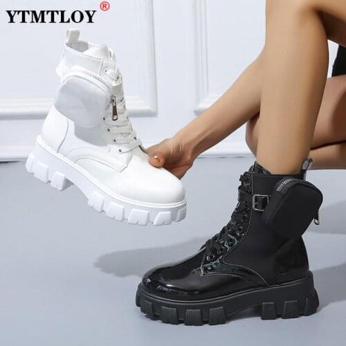 Black Punk Ankle Platform Motorcycle Boots Women Lace Up Chunky Heel Belt Buckle Pocket Designer Shoes Women Sexy