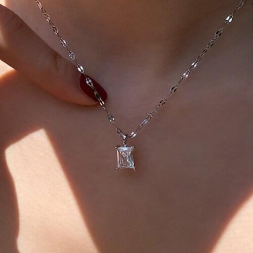 Female White Crystal Pendant Necklace For Women Charm Square Zircon Wedding Necklace
