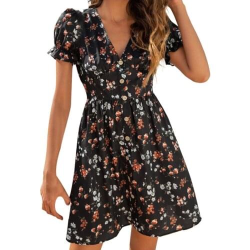 Summer V-neck Floral Women Dress Fashion Flower Printing Bubble Sleeve Female Dress Vestidos