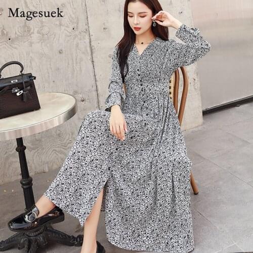 2021 Autumn Long Sleeve Vintage Dresses Elegant A-Line Floral Print Chiffon Empire V-Neck Fashion Korean Women Dress Robe8560 50