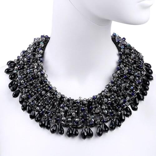Luxury Trendy Statement Necklace Crystal Beaded Knitted Choker Necklace for Women Fashion Good Quality Chunky Bib Jewelry Bijoux