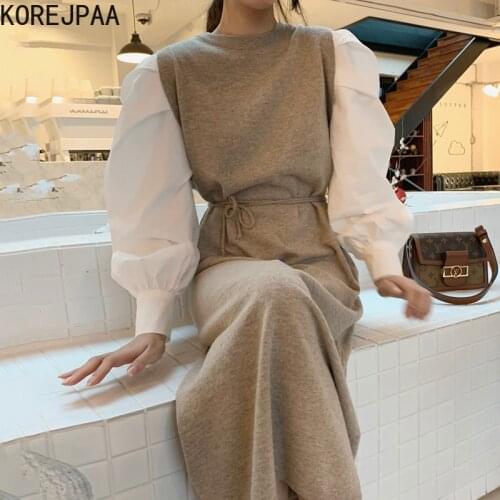 Korejpaa Women Dress 2021 Autumn French Round Neck Pleated Puff Sleeves Contrast Color Stitching Lace-Up Waist Knitted Vestidos