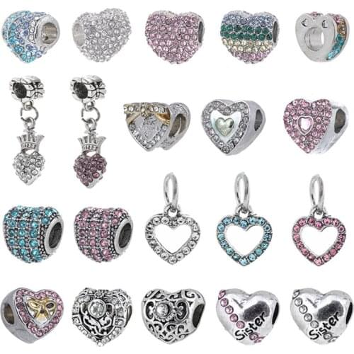 2Pcs/Lot High Quality Silver Plated Crystal Bowknot Heart Charm Beads Fit Fashion Brand Bracelets For Women Jewelry Gift Making