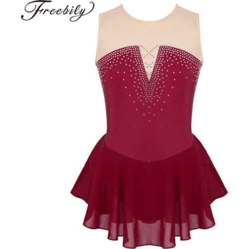 Kids Teens Dancewear Sparkly Inlaid Rhinestone Mesh Figure Skating Dress Girl Ballet Gymnastics Leotard Lyrical Dance Costumes