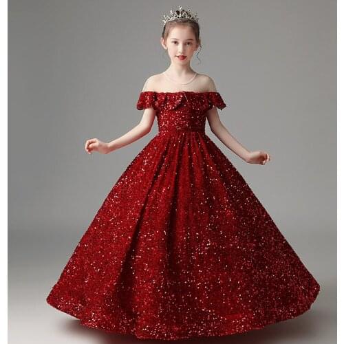 Children Girls Luxury Western Style Sequined Birthday Wedding Party Princess Prom Dress Model Show Catwalk Ceremony Host Dress