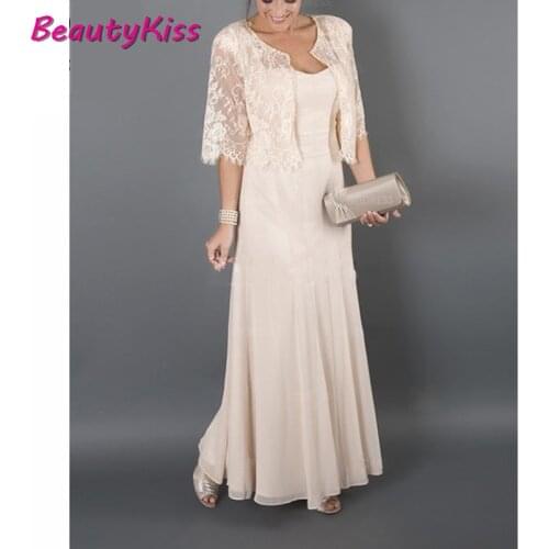 Elegant Plus Size Mother Of The Bride Dresses With Jacket Champange Satin 2 Pieces Gowns Mother Of The Bride Dresses For Wedding