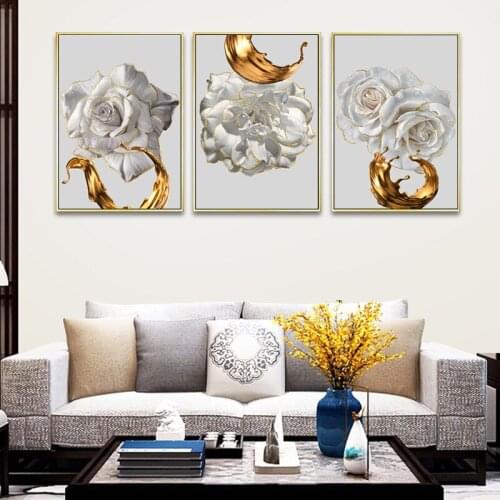 Nordic White Flowers Art Canvas Painting Golden Floral Wall Art Posters Print Scandinavian Modern Pictures for Living Room Decor