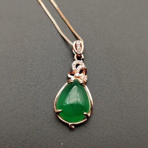 Jadery Vintage Natural Green Jade Gemstone Crystal Pendants Necklaces Rose Gold 925 Sterling Silver Chain Necklace Women Jewelry