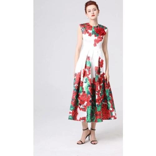 Summer Designer Dresses Womens High Quality Sleeveless Flower Printed Appliques Ankle Length Holiday Robe Femme Ete
