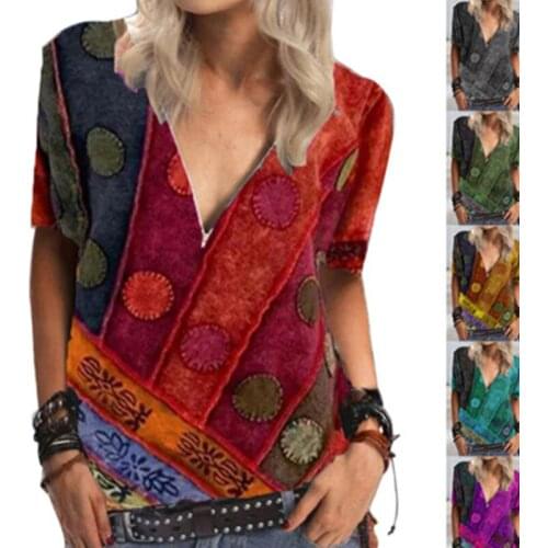 2021 Summer Street Hipster Fashion Slim Short-Sleeved Vintage Printed V-Neck Zipper Casual T-Shirt Top Womens Clothing