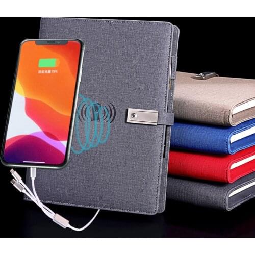 Multifunction Leather Padfolio Notebook Portfolio Binder Card Slots Wireless Charger 3 in 1 Charging Cable 8000mah Power Banks