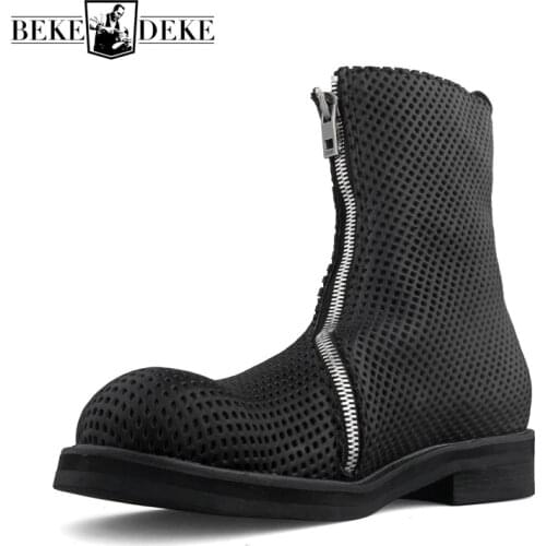 Harajuku New Hollow Out Breathable Mens Mid Calf Boots Vintage High Quality Genuine Leather Round Toe Zip Male High Top Boots