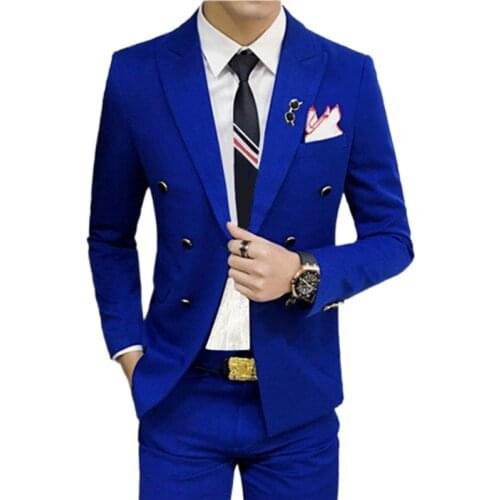 Fashion New Mens Casual Pure Color Double Breasted Suit Coat Trousers / Male Slim Fit Wedding Blazers Jacket Pants 2 Piece Set
