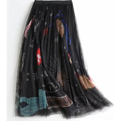 New Arrival Graffiti Long Tulle Mesh Skirt WF0091 Print Elastic Waist Black White Pink Women Ladies Beach Summer Skirt Plus Size