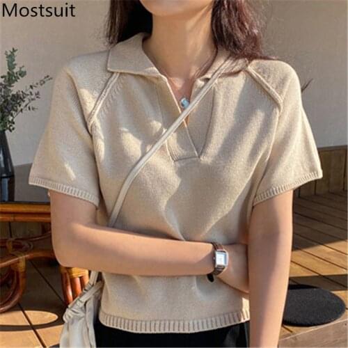 2020 Autumn Korean Knitted T-shirts Tops Women Short Sleeve Turn-down Collar Tees Pullovers Fashoin Solid Casual Female T Shirts