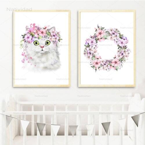 Cat Flower Posters and Prints Canvas Painting Nordic Poster Wall Art Print Animals Wall Pictures for Living Room Kids Room Decor