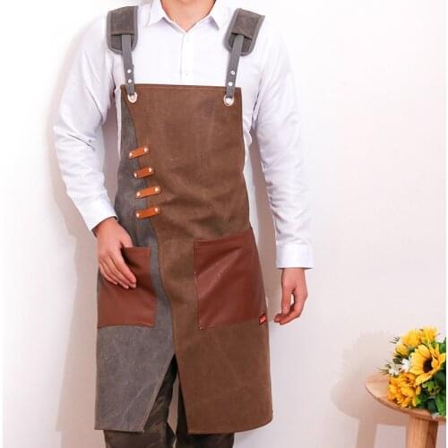 Durable Goods Heavy Duty Waxed Unisex Canvas Work Apron with Tool Pockets Cross-Back Straps Adjustable For Woodworking Painting
