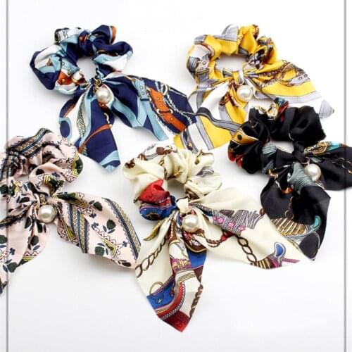 1PCS Girls/Women Rabbit Ear Pearl Print Rabbit Vintage Silk Hair Scrunchies Ponytail Bands bow Hair Accessories Hair Ties Holder