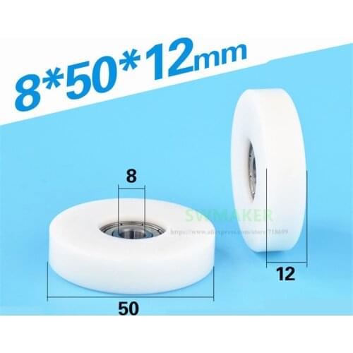 SWMAKER 8*50*12mm plastic coated bearing pulley roller, POM polyformaldehyde, embedded 608 bearing, diameter 5cm flat wheel