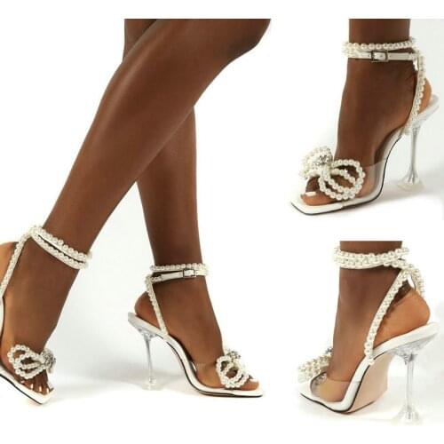 Luxury Lace-up White Pearl String Bow High-heeled Sandals Female Fine Heels Wedding High-heeled Shoes