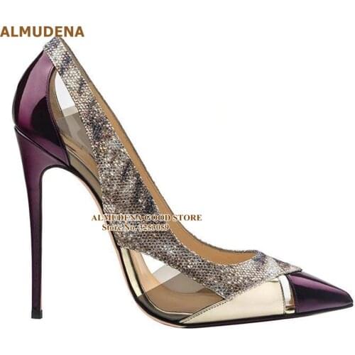 ALMUDENA Purple Patent Leather Pointed Toe Pumps 12 10 8cm Stiletto Heels Clear PVC Dress Shoes Glitter Sankeskin Patchwork Shoe